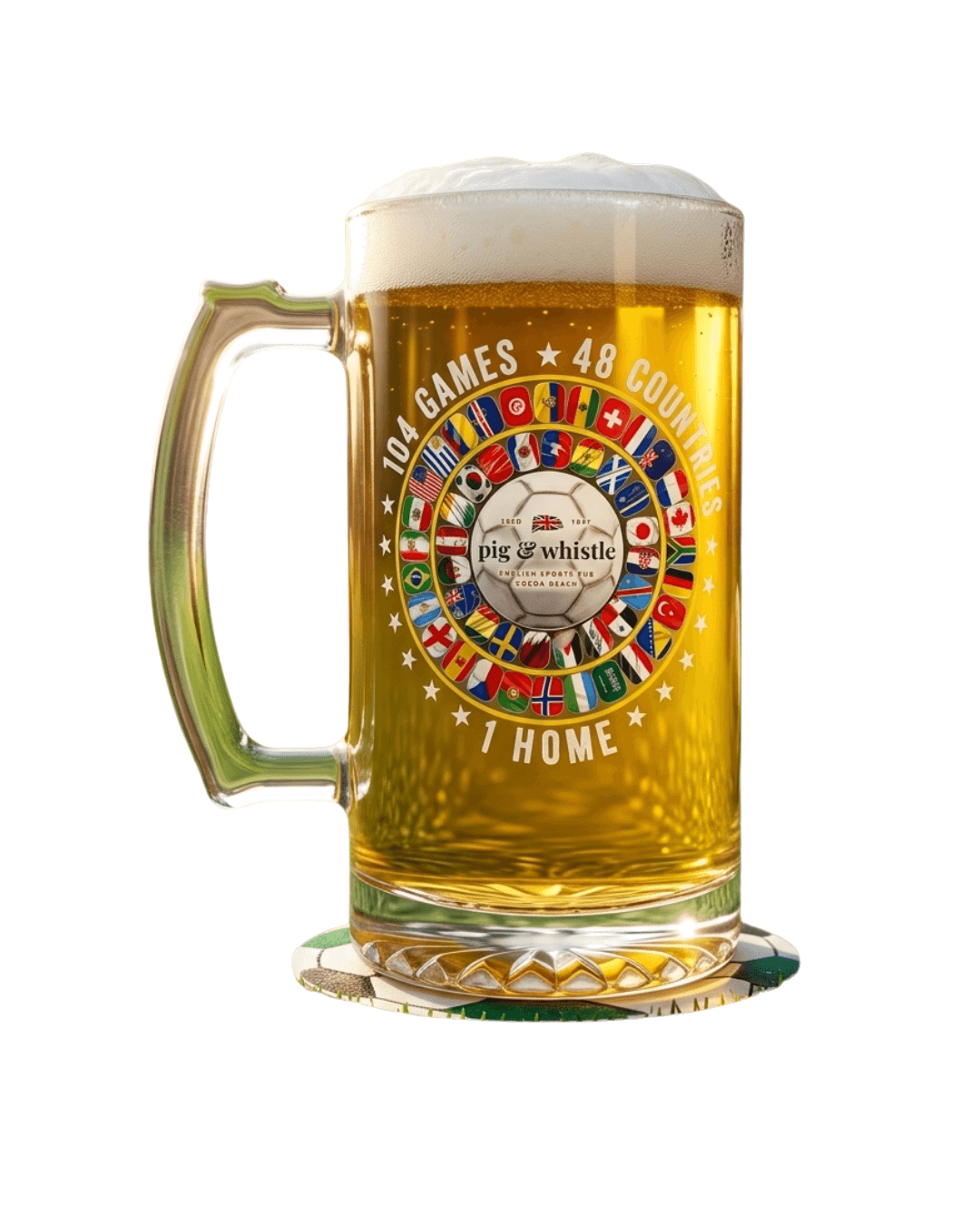 Pig & Whistle Cup Mug — etched glass mug with 48-nation crest