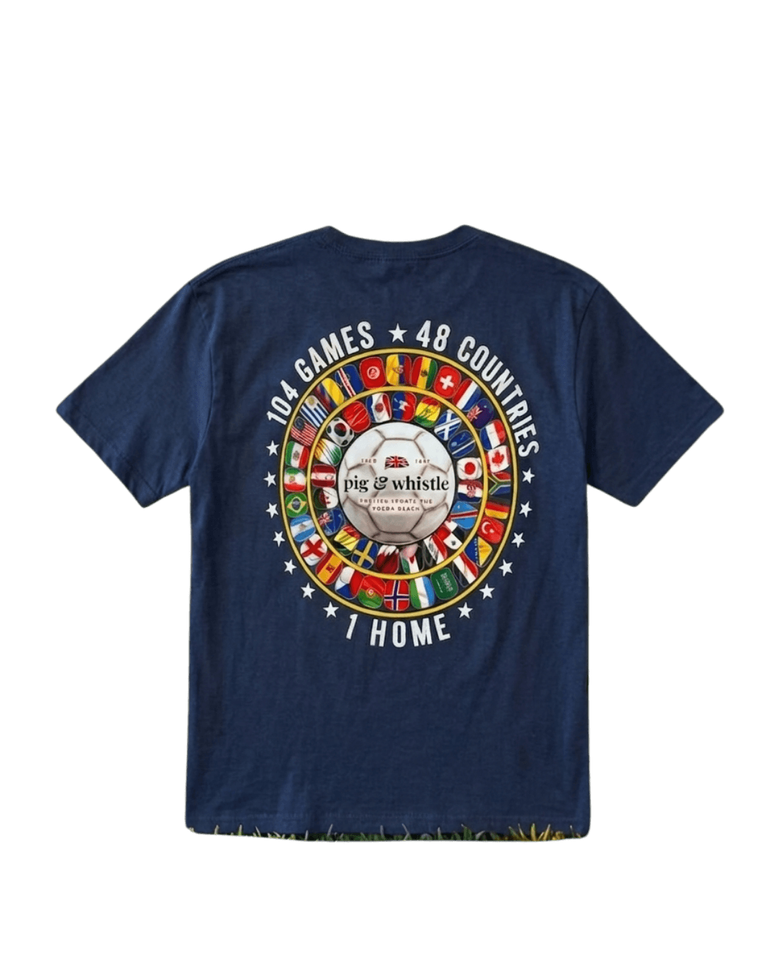 Pig & Whistle Cup Tee — navy with crest of flags around a soccer ball