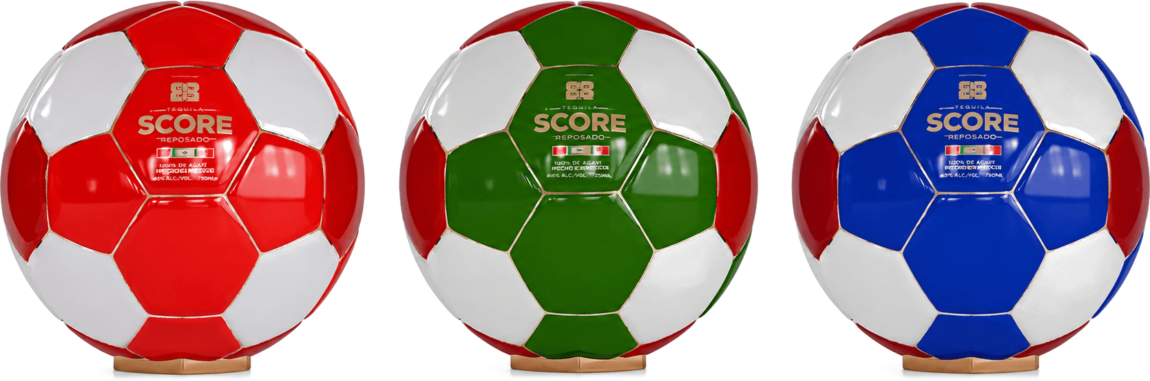 Three Soccer-Ball Tequila bottles — red, green, and blue