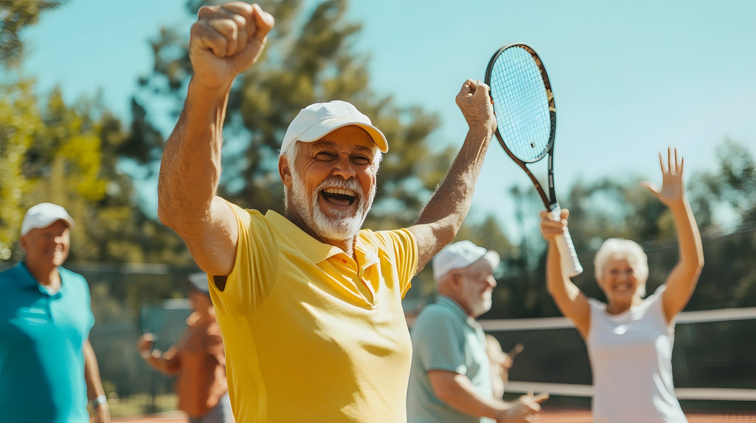 A joyful group of seniors celebrating on a tennis court, showcasing active and vibrant lifestyles.