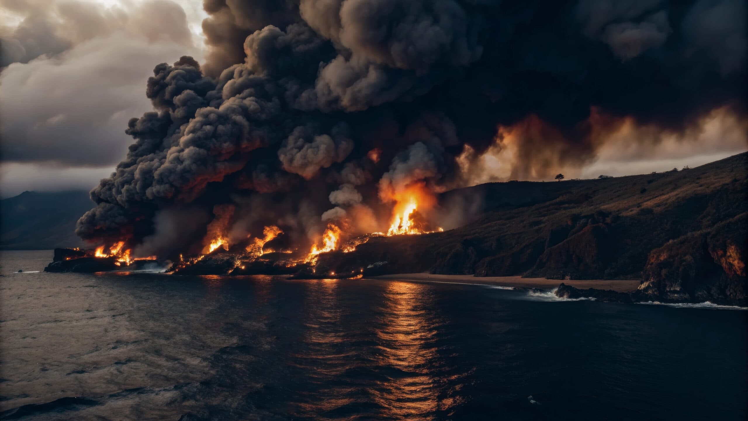 A dramatic scene of wildfire engulfing coastline of Maui, with thick smoke and flames rising against dark sky. powerful imagery evokes sense of urgency and destruction